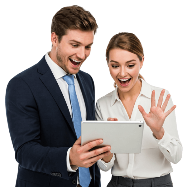 Happy business owners looking at Apple iPad