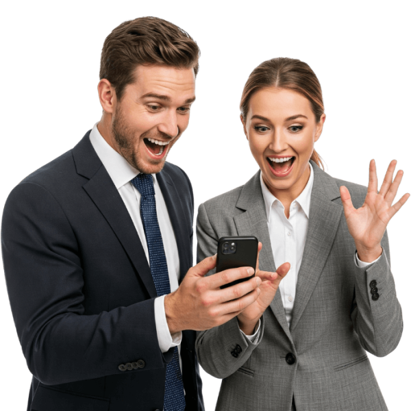 Happy business owners looking at Apple iPhone